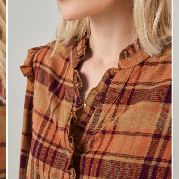 Frye• Ruffle orange/brown flacket button-down plaid shirt. Sz M - Picture 6 of 14